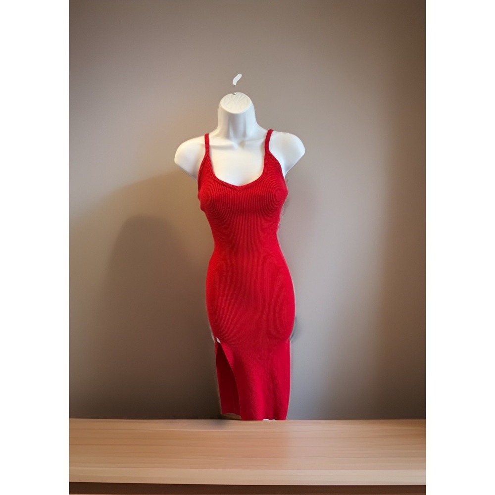 Red Ribbed Knit Bodycon Midi Dress V-Neck Spaghetti Strap Side Slit, large